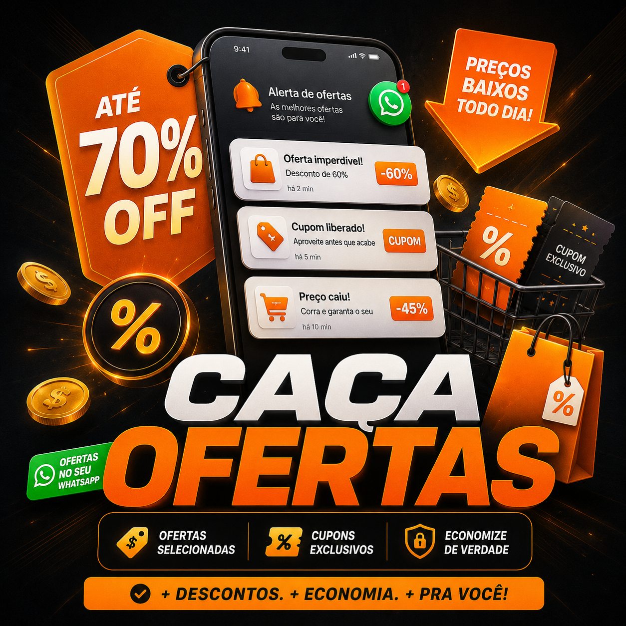 Arte promocional de descontos do Caça Ofertas